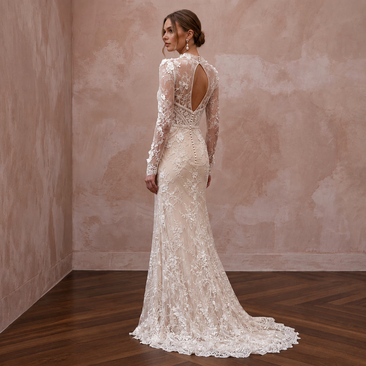 Romantic Nude Illusion Lace Bridal Gown for Civil Elopement