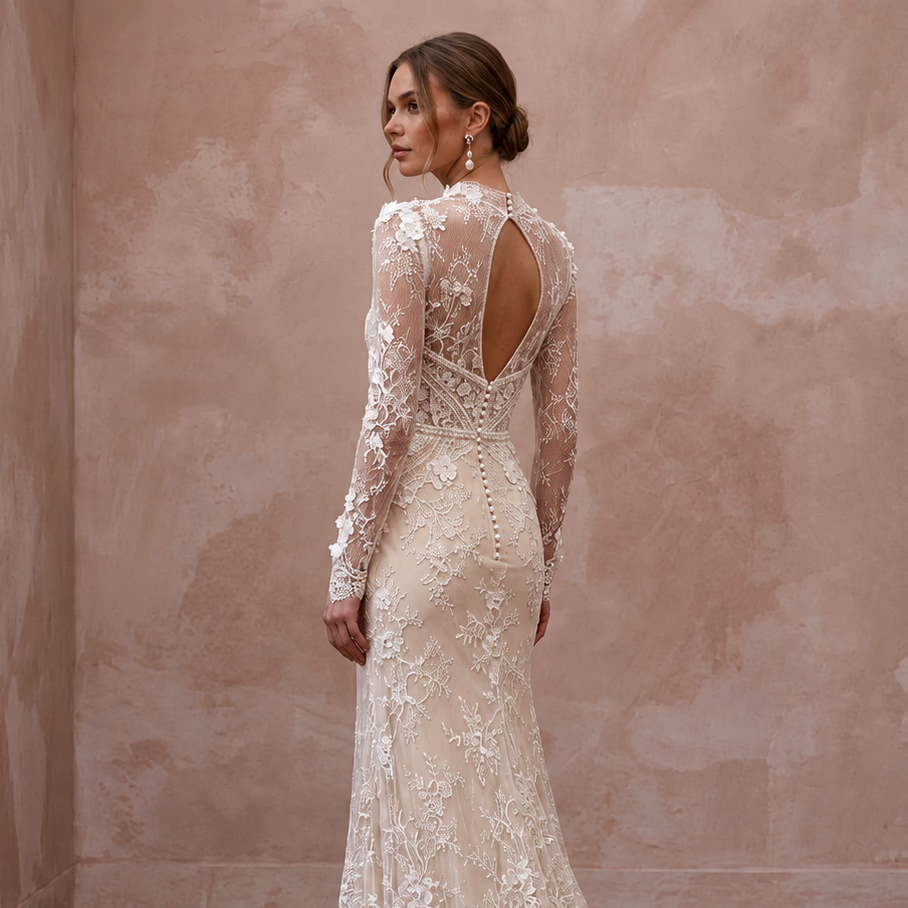 Romantic Nude Illusion Lace Bridal Gown for Civil Elopement