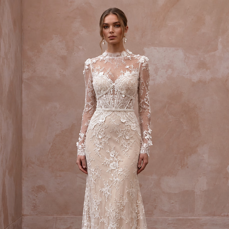 Romantic Nude Illusion Lace Bridal Gown for Civil Elopement