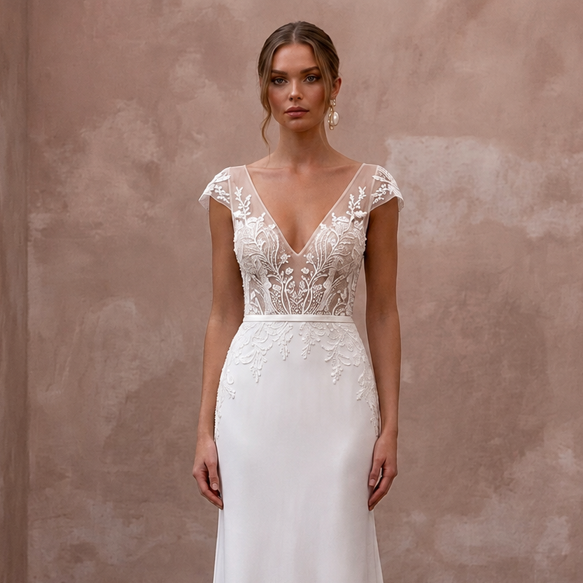 Romantic Nude Illusion Lace Gown for Civil Elopement