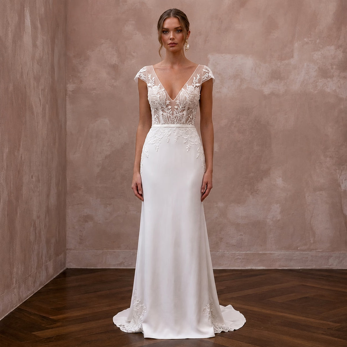 Romantic Nude Illusion Lace Gown for Civil Elopement - Apparel & Accessories > Clothing > Wedding & Bridal Party Dresses > Wedding Dresses - Mignonette Bridal Main image