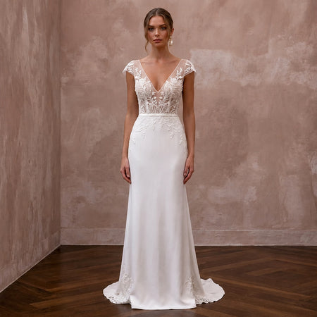Romantic Nude Illusion Lace Gown for Civil Elopement - Apparel & Accessories > Clothing > Wedding & Bridal Party Dresses > Wedding Dresses - Mignonette Bridal