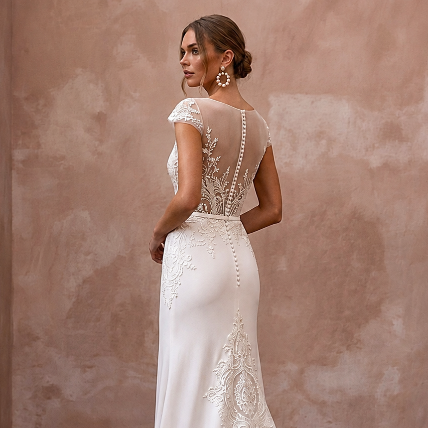 Romantic Nude Illusion Lace Gown for Civil Elopement