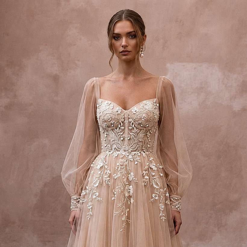Romantic Nude Tulle Tea - Length Dress for Engagement Shoot - Apparel & Accessories > Clothing > Wedding & Bridal Party Dresses > Wedding Dresses - Mignonette Bridal