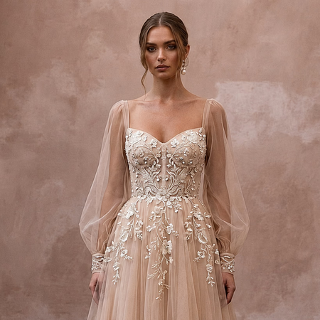 Romantic Nude Tulle Tea - Length Dress for Engagement Shoot - Apparel & Accessories > Clothing > Wedding & Bridal Party Dresses > Wedding Dresses - Mignonette Bridal