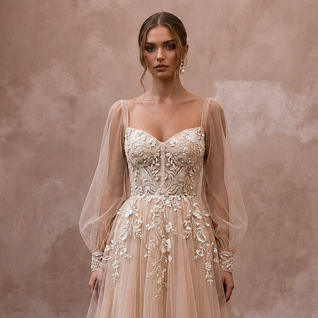 Romantic Nude Tulle Tea-Length Dress for Engagement Shoot