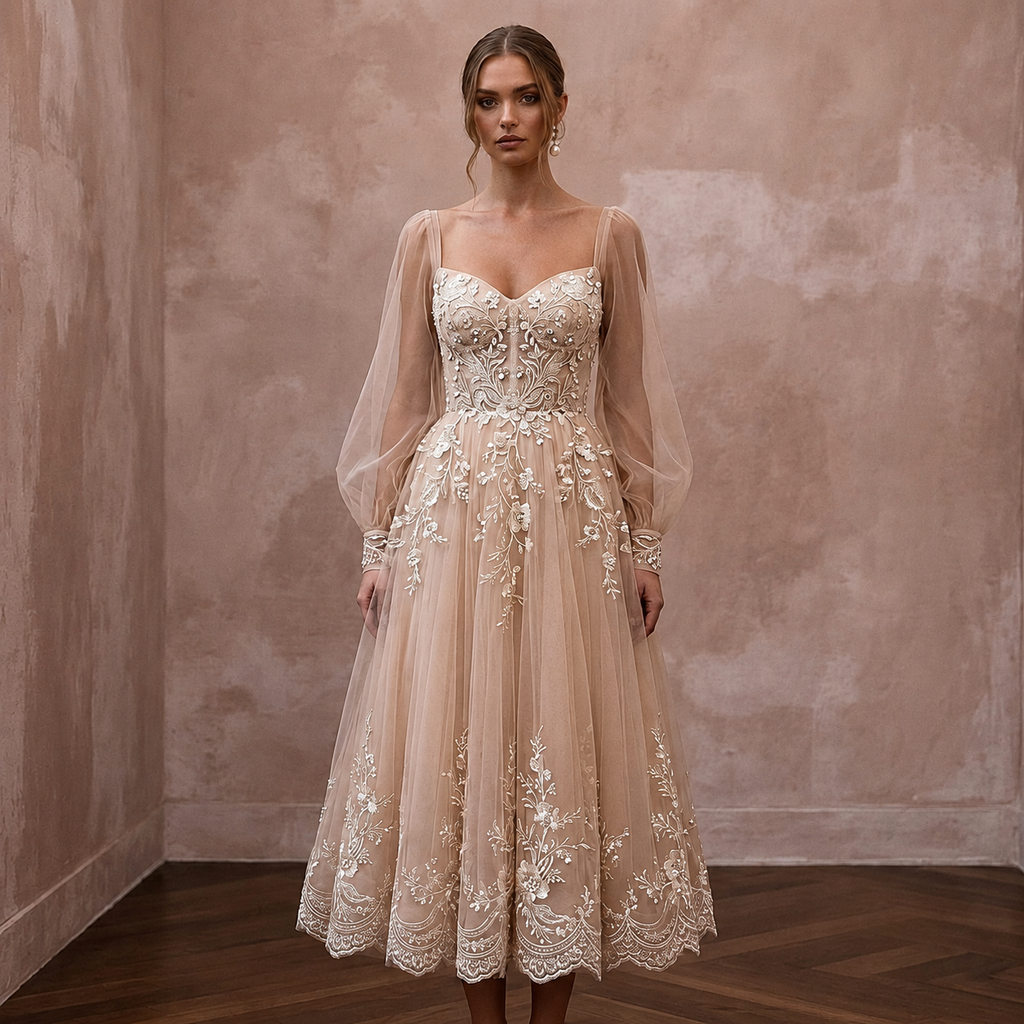 Romantic Nude Tulle Tea-Length Dress for Engagement Shoot