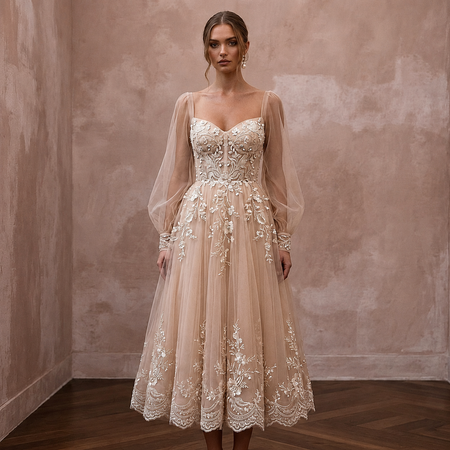 Romantic Nude Tulle Tea-Length Dress for Engagement Shoot