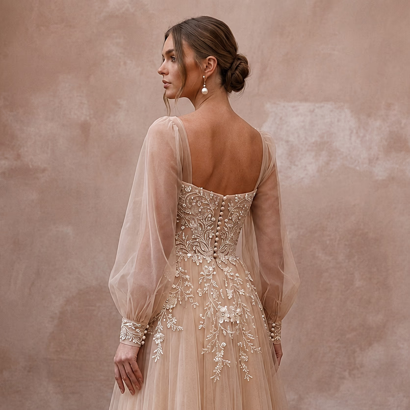 Romantic Nude Tulle Tea - Length Dress for Engagement Shoot - Apparel & Accessories > Clothing > Wedding & Bridal Party Dresses > Wedding Dresses - Mignonette Bridal