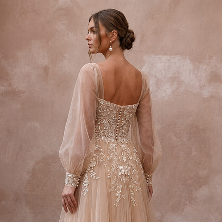 Romantic Nude Tulle Tea-Length Dress for Engagement Shoot