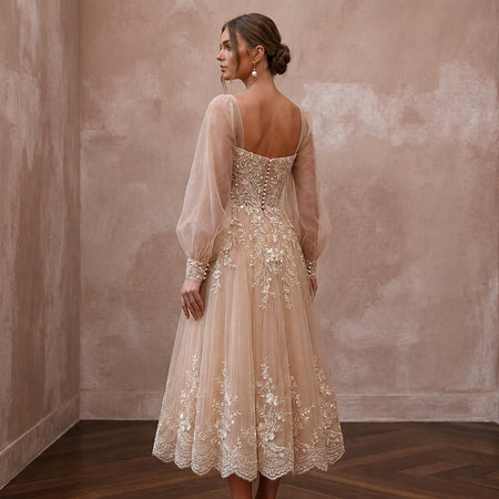 Romantic Nude Tulle Tea - Length Dress for Engagement Shoot - Apparel & Accessories > Clothing > Wedding & Bridal Party Dresses > Wedding Dresses - Mignonette Bridal