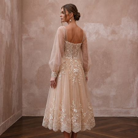 Romantic Nude Tulle Tea-Length Dress for Engagement Shoot