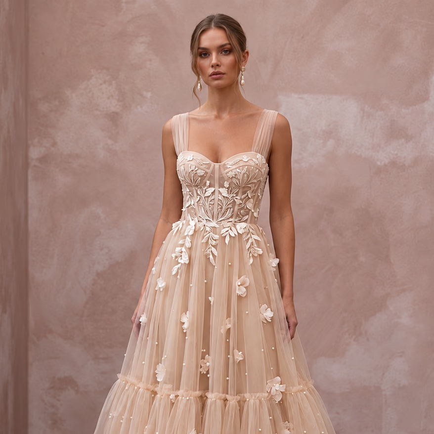 Romantic Nude Tulle Tea - Length Wedding Dress for Engagement Shoot - Apparel & Accessories > Clothing > Wedding & Bridal Party Dresses > Wedding Dresses - Mignonette Bridal