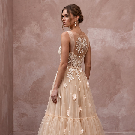 Romantic Nude Tulle Tea - Length Wedding Dress for Engagement Shoot - Apparel & Accessories > Clothing > Wedding & Bridal Party Dresses > Wedding Dresses - Mignonette Bridal