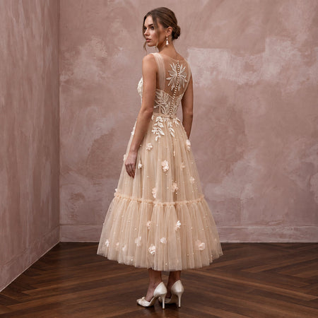 Romantic Nude Tulle Tea - Length Wedding Dress for Engagement Shoot - Apparel & Accessories > Clothing > Wedding & Bridal Party Dresses > Wedding Dresses - Mignonette Bridal