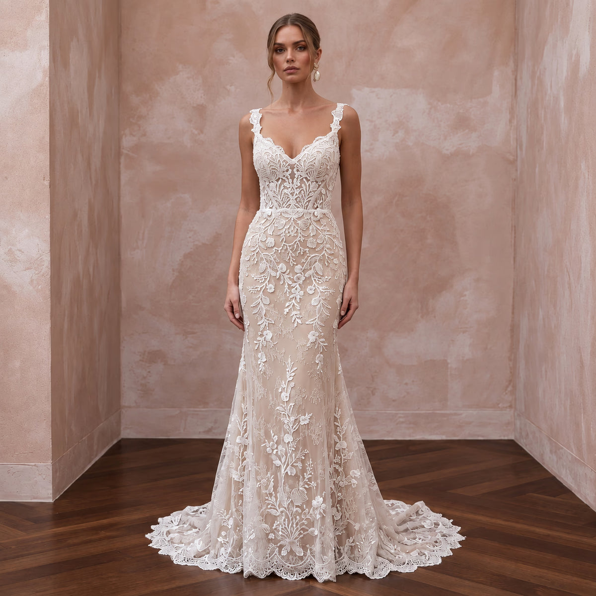 Romantic Nude Underlay Lace Fit - and - Flare Dress for Destination Wedding - Apparel & Accessories > Clothing > Wedding & Bridal Party Dresses > Wedding Dresses - Mignonette Bridal Main image