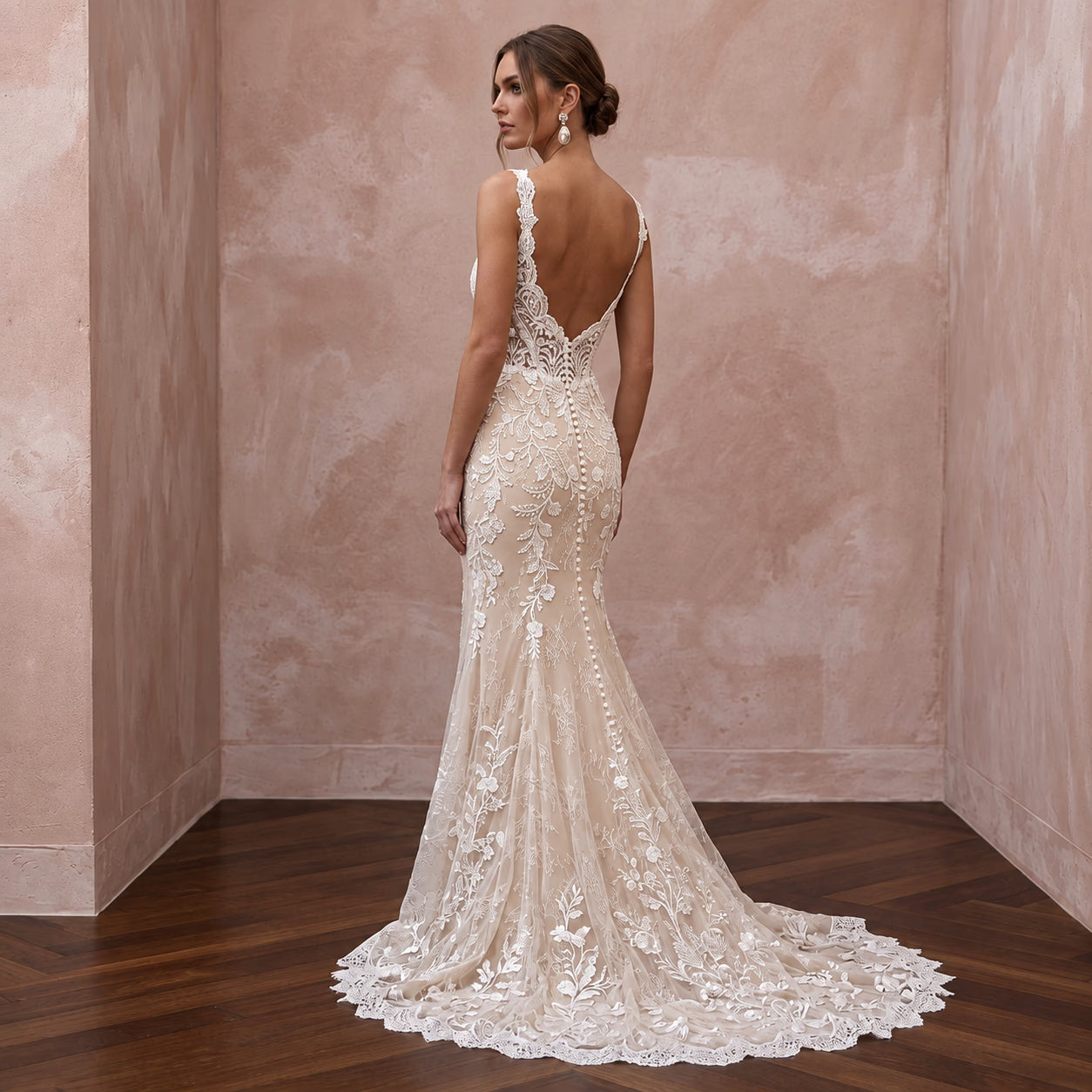 Romantic Nude Underlay Lace Fit-and-Flare Dress for Destination Wedding Secondary image