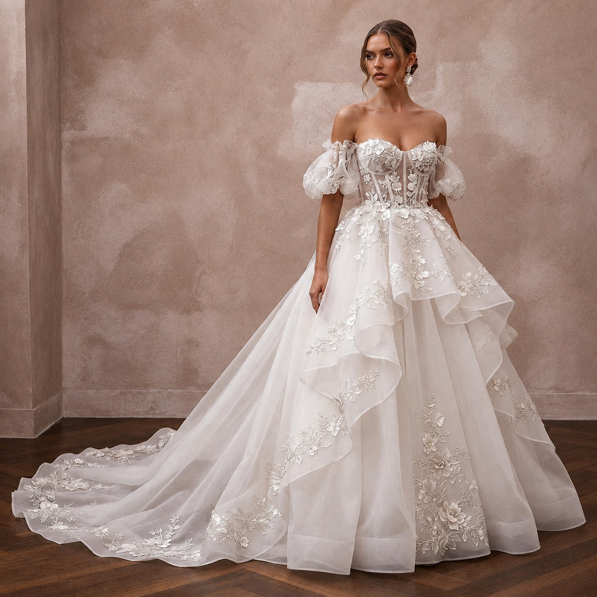 Romantic Organza Ball Gown Bridal Dress with Detachable Train - Apparel & Accessories > Clothing > Wedding & Bridal Party Dresses > Wedding Dresses - Mignonette Bridal Main image