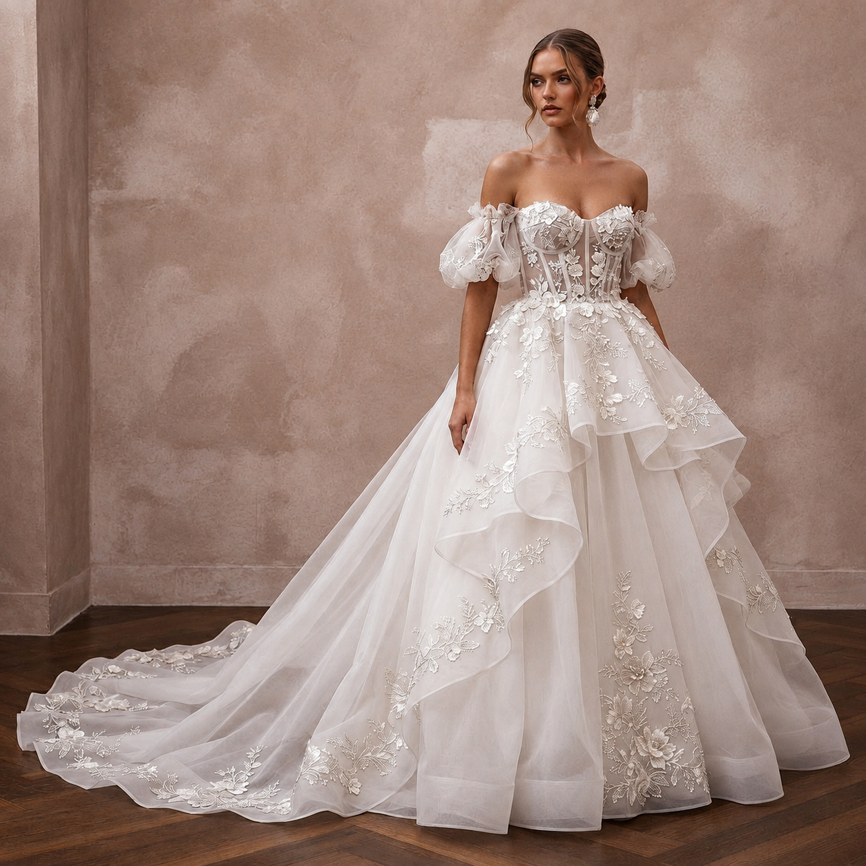 Romantic Organza Ball Gown Bridal Dress with Detachable Train