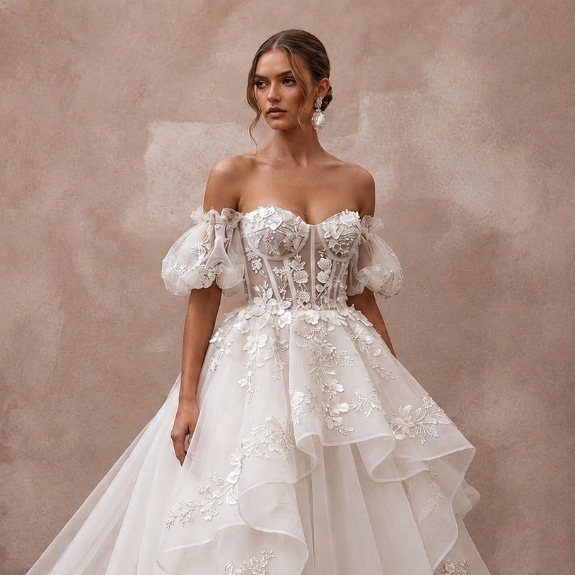 Romantic Organza Ball Gown Bridal Dress with Detachable Train - Apparel & Accessories > Clothing > Wedding & Bridal Party Dresses > Wedding Dresses - Mignonette Bridal