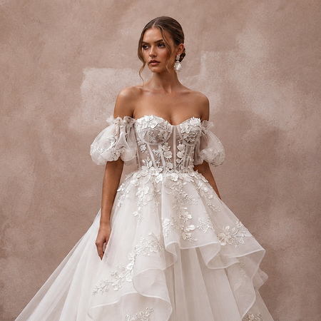 Romantic Organza Ball Gown Bridal Dress with Detachable Train