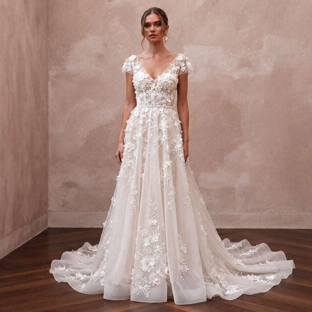 Romantic Organza Bridal Dress with Floral Appliques for a Garden Wedding