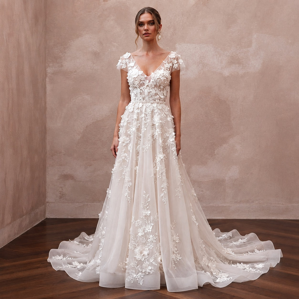 Romantic Organza Bridal Dress with Floral Appliques for a Garden Wedding
