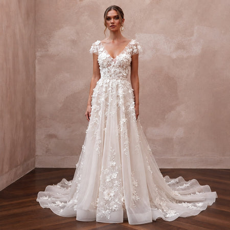 Romantic Organza Bridal Dress with Floral Appliques for a Garden Wedding