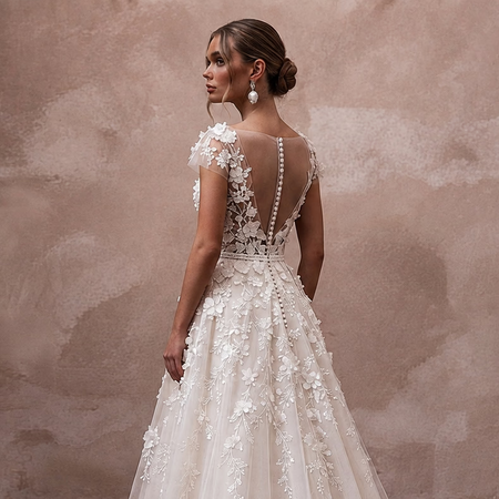 Romantic Organza Bridal Dress with Floral Appliques for a Garden Wedding