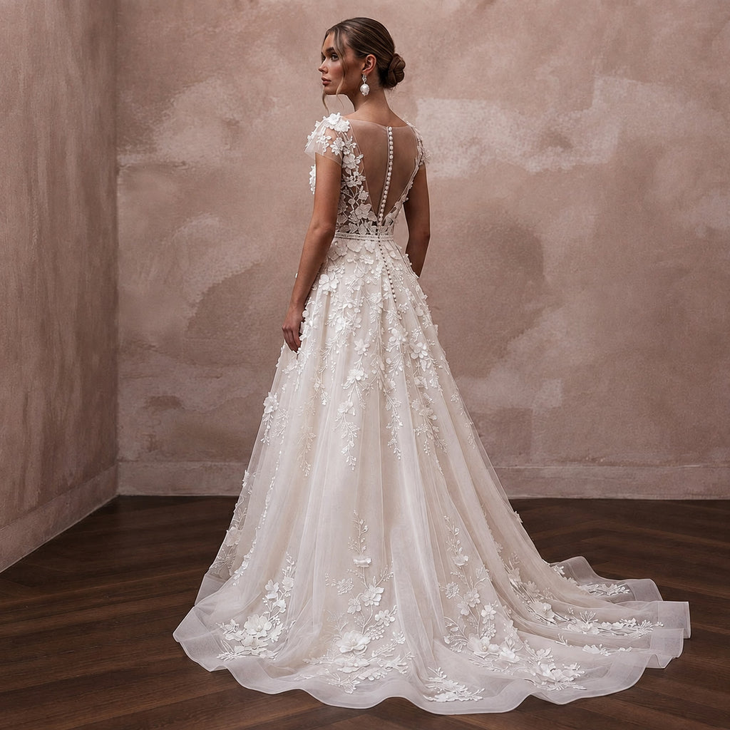 Romantic Organza Bridal Dress with Floral Appliques for a Garden Wedding
