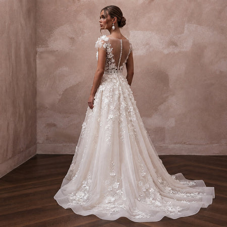 Romantic Organza Bridal Dress with Floral Appliques for a Garden Wedding