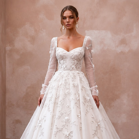 Romantic Organza Wedding Dress with Long Sleeves and Ball Gown Silhouette