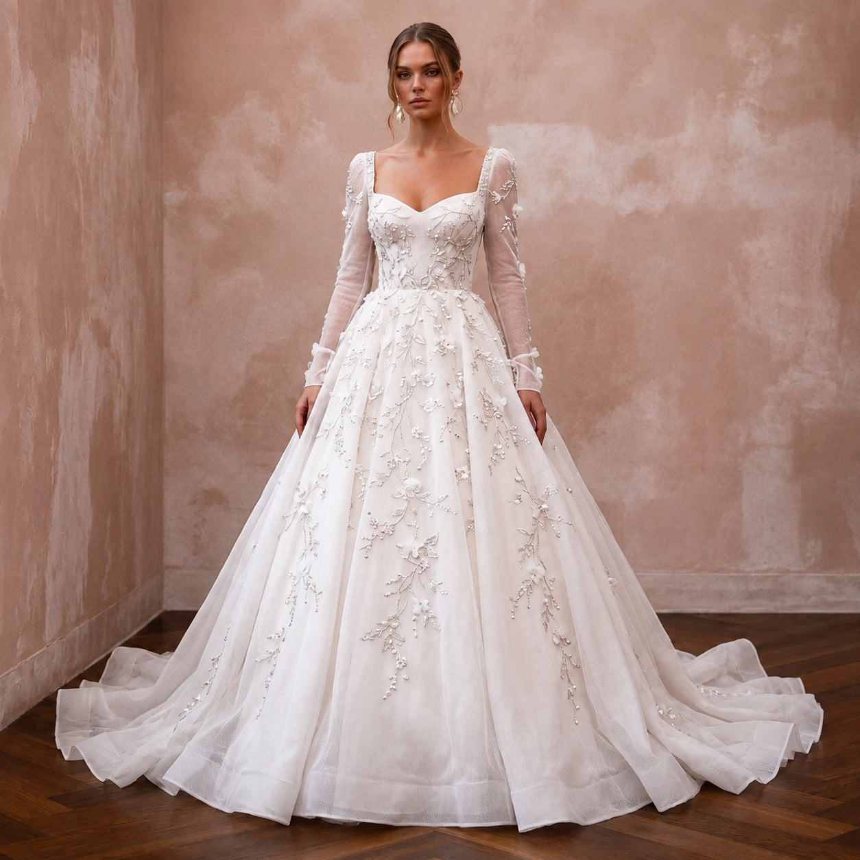 Romantic Organza Wedding Dress with Long Sleeves and Ball Gown Silhouette