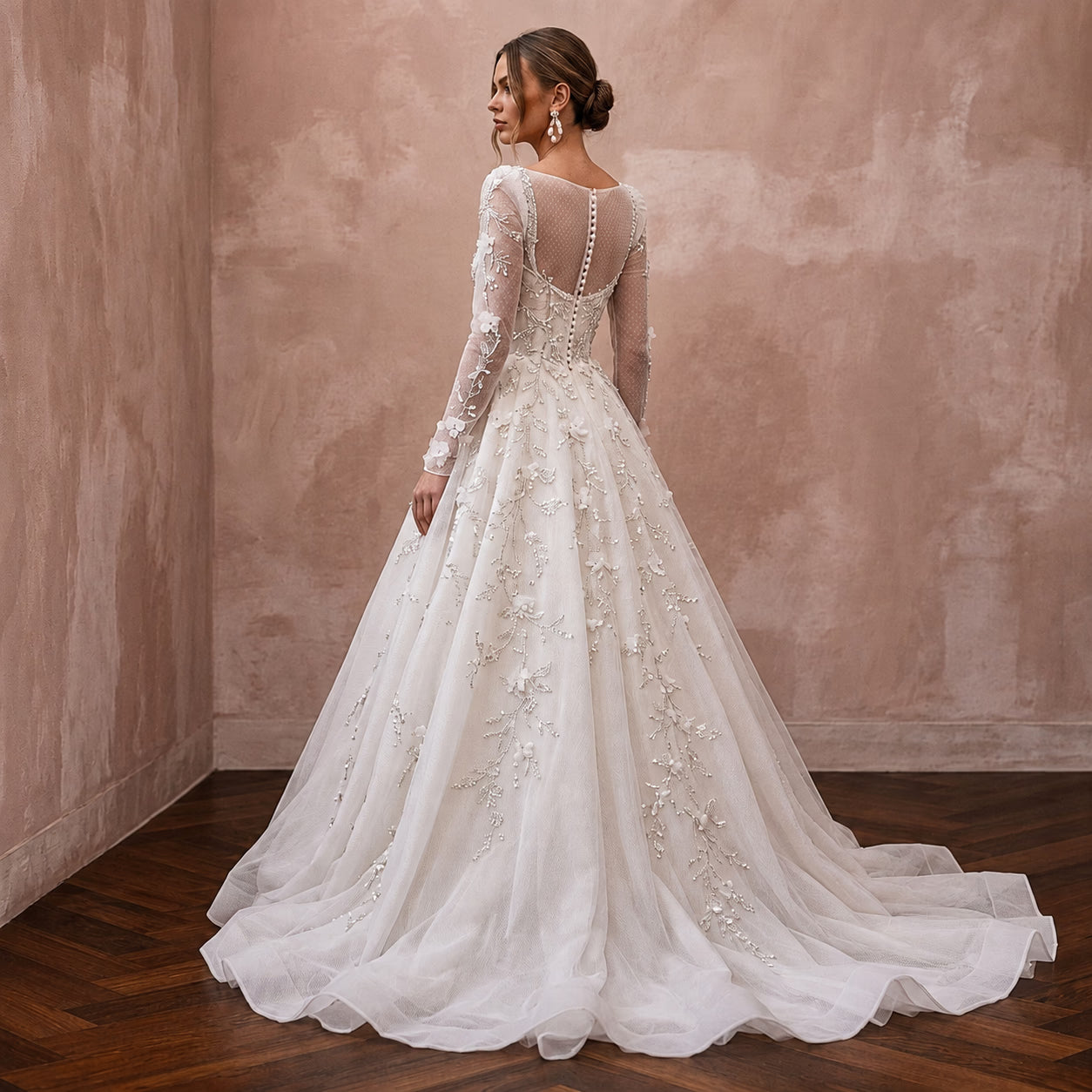 Romantic Organza Wedding Dress with Long Sleeves and Ball Gown Silhouette
