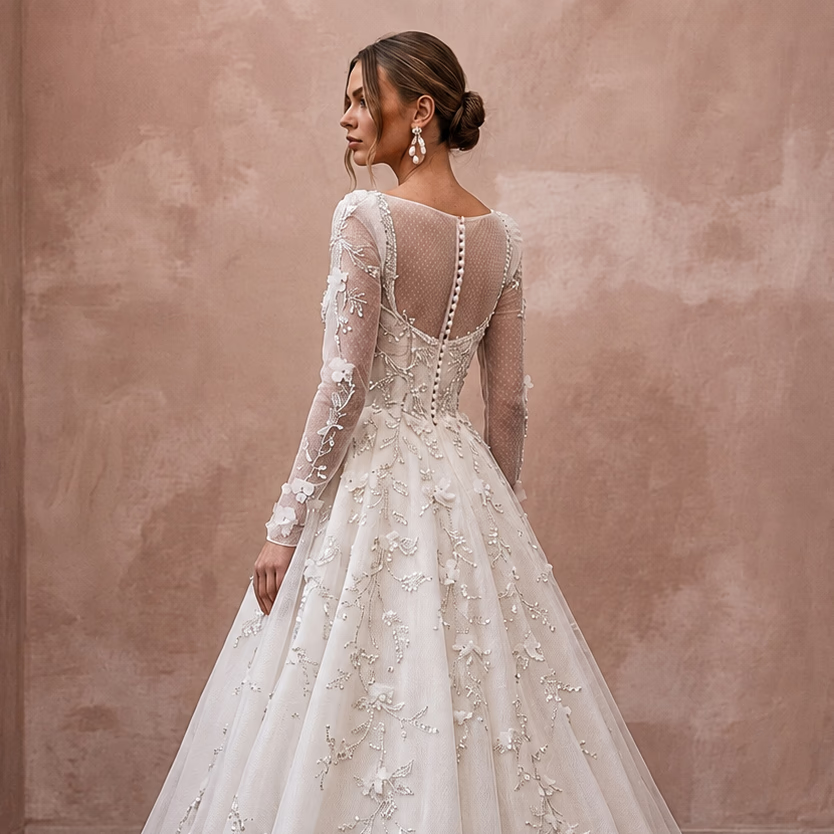 Romantic Organza Wedding Dress with Long Sleeves and Ball Gown Silhouette