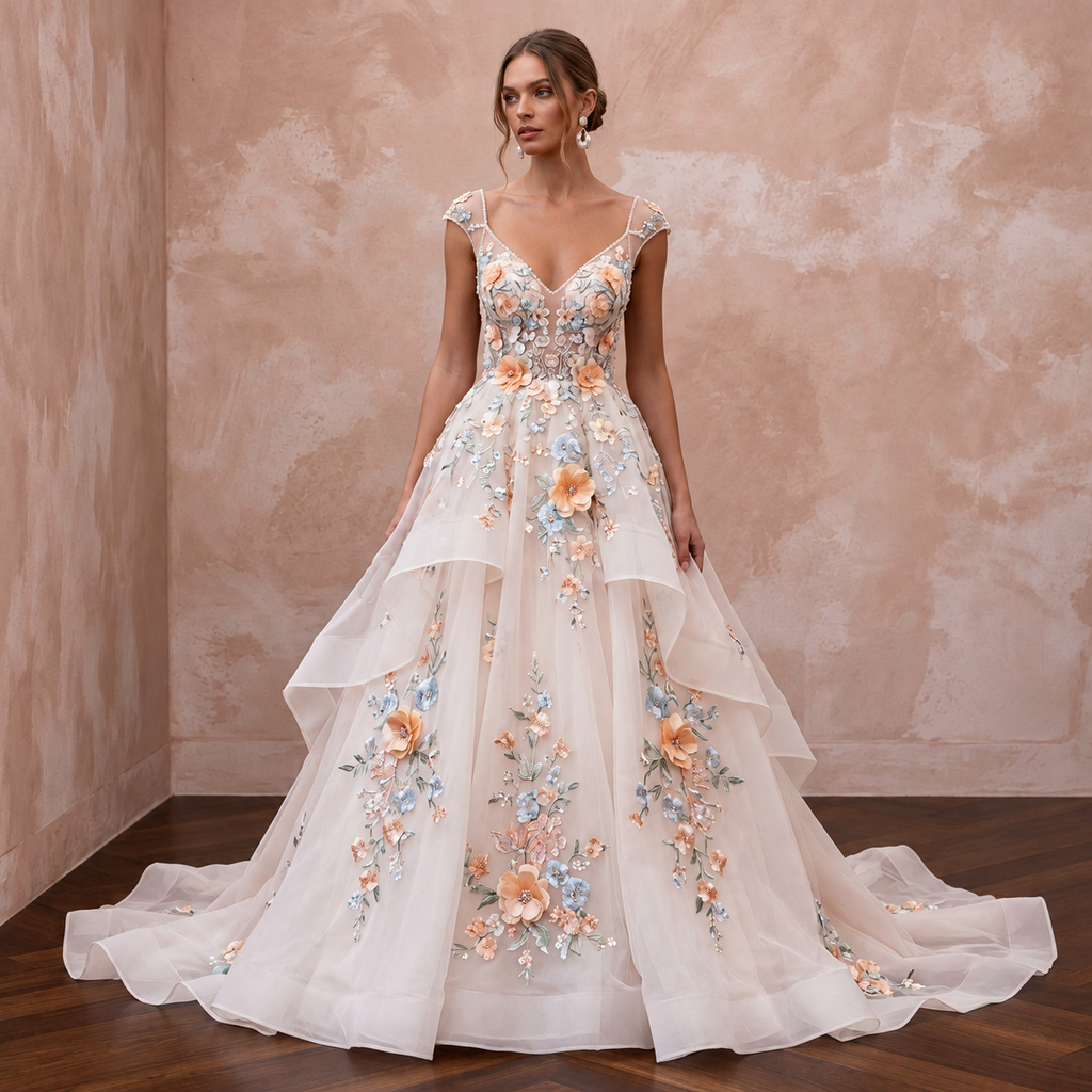 Romantic Organza Wedding Gown with Floral Embroidery