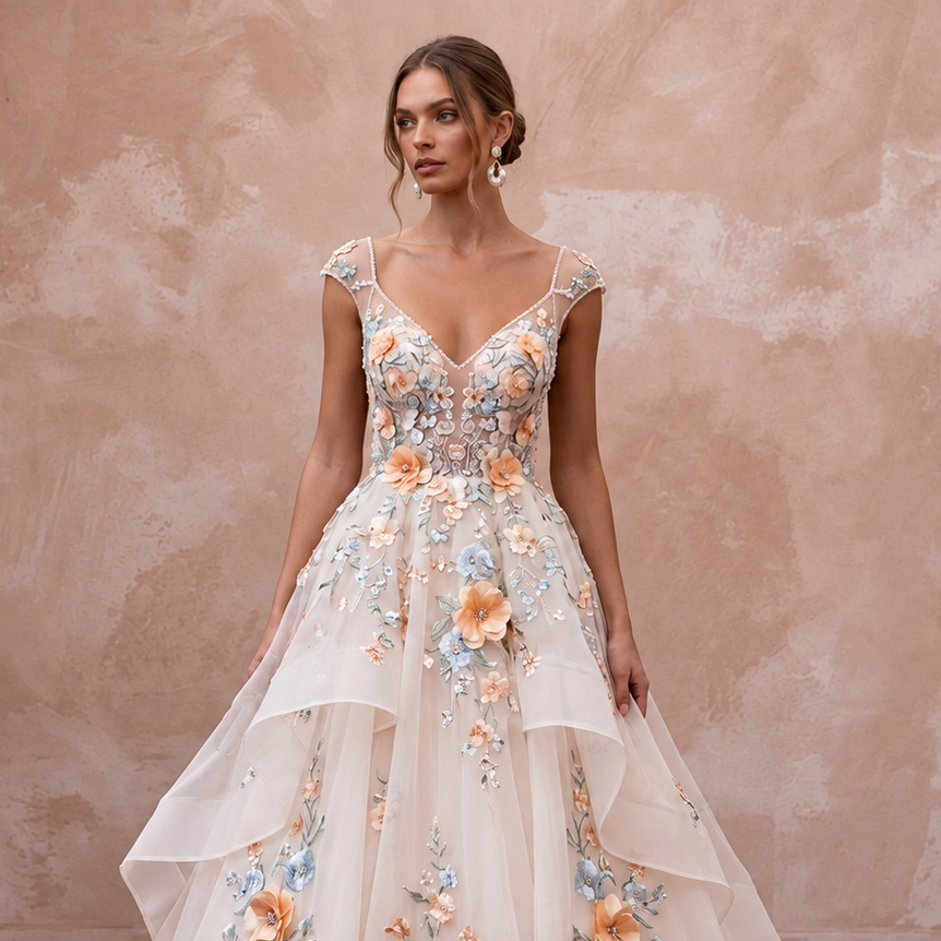 Romantic Organza Wedding Gown with Floral Embroidery