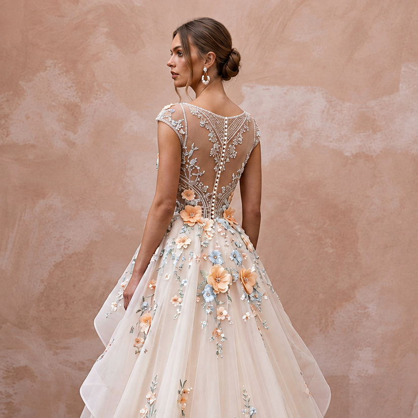 Romantic Organza Wedding Gown with Floral Embroidery