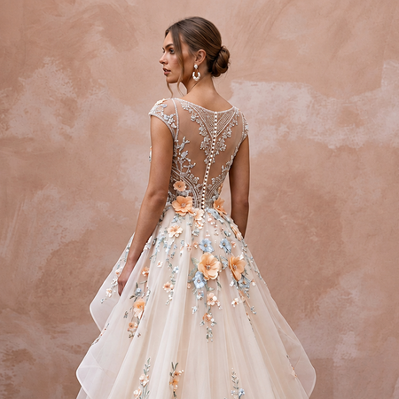Romantic Organza Wedding Gown with Floral Embroidery