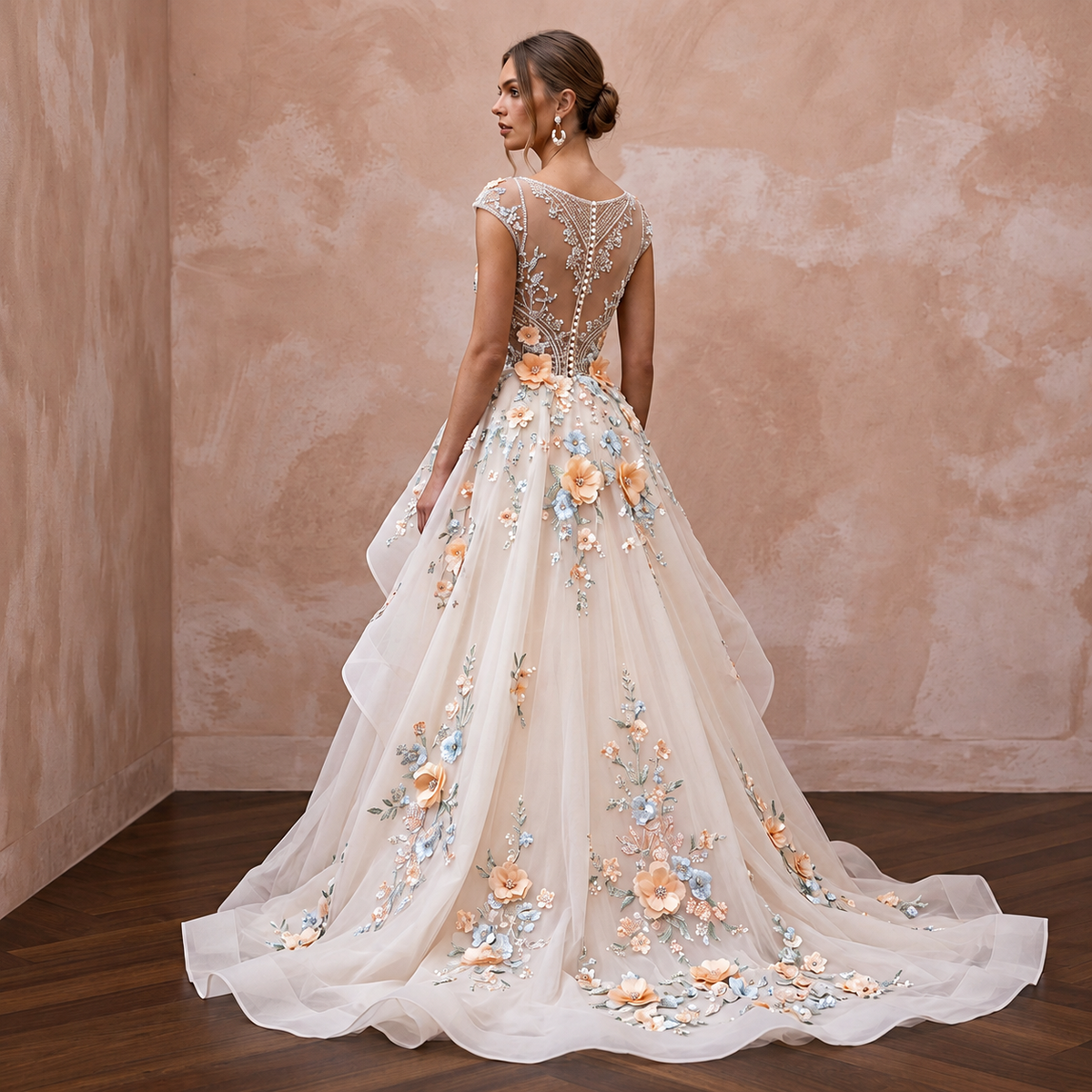 Romantic Organza Wedding Gown with Floral Embroidery