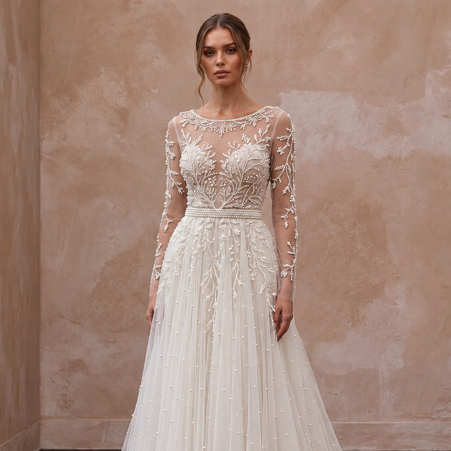 Romantic Pearl-Encrusted Tulle Long Sleeve Wedding Dress for Vow Renewal