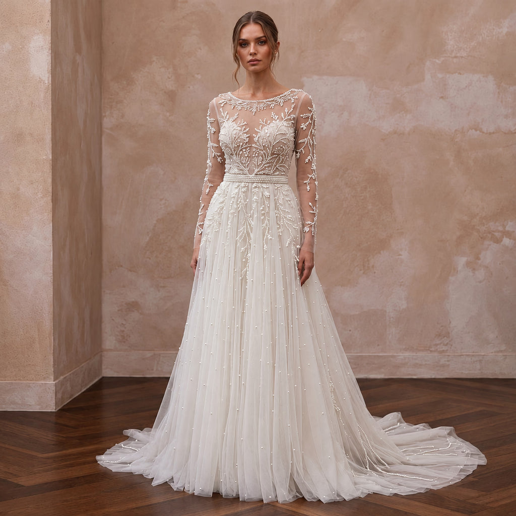 Romantic Pearl-Encrusted Tulle Long Sleeve Wedding Dress for Vow Renewal