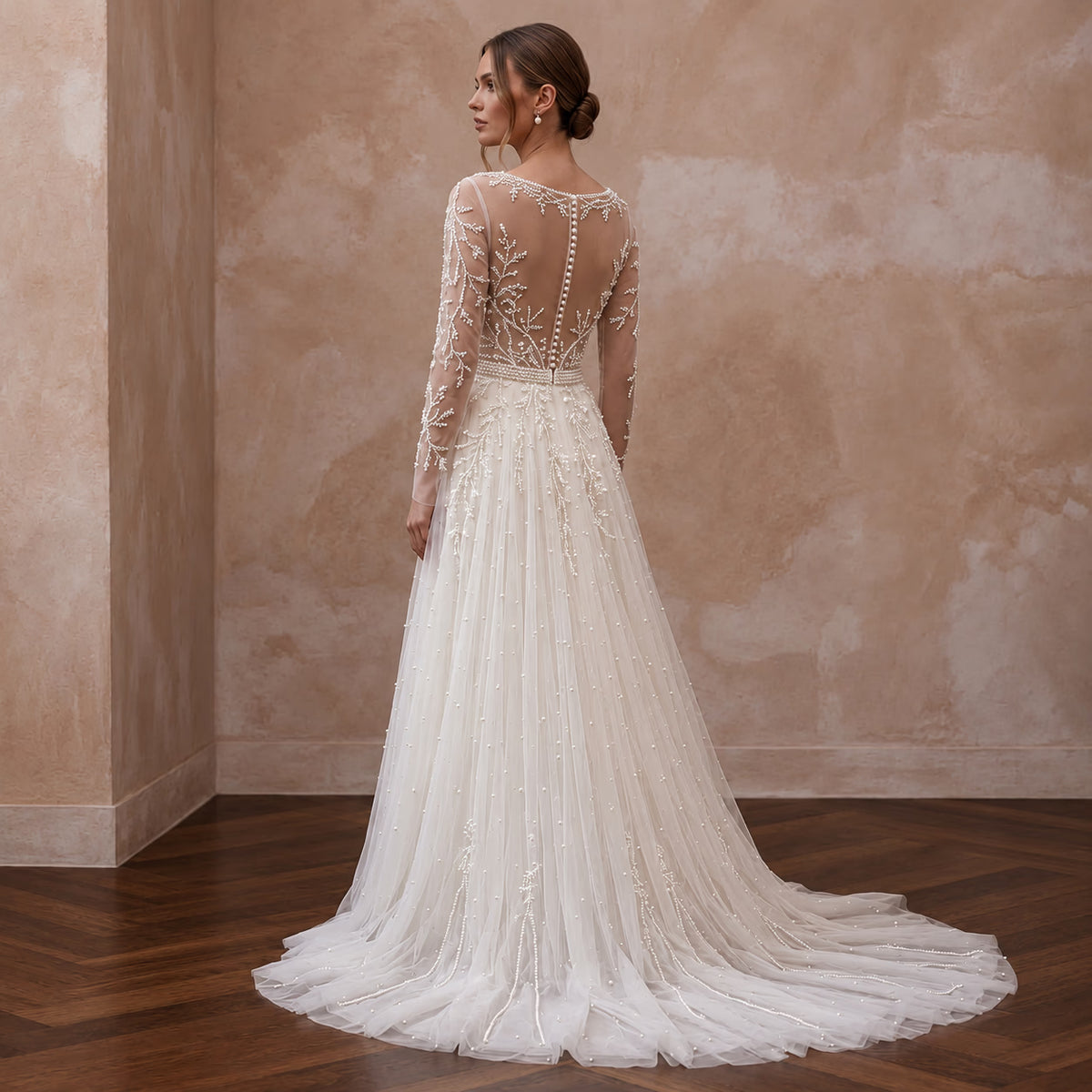 Romantic Pearl-Encrusted Tulle Long Sleeve Wedding Dress for Vow Renewal
