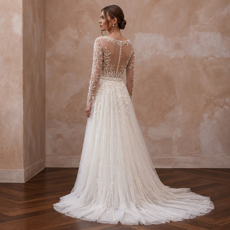 Romantic Pearl-Encrusted Tulle Long Sleeve Wedding Dress for Vow Renewal
