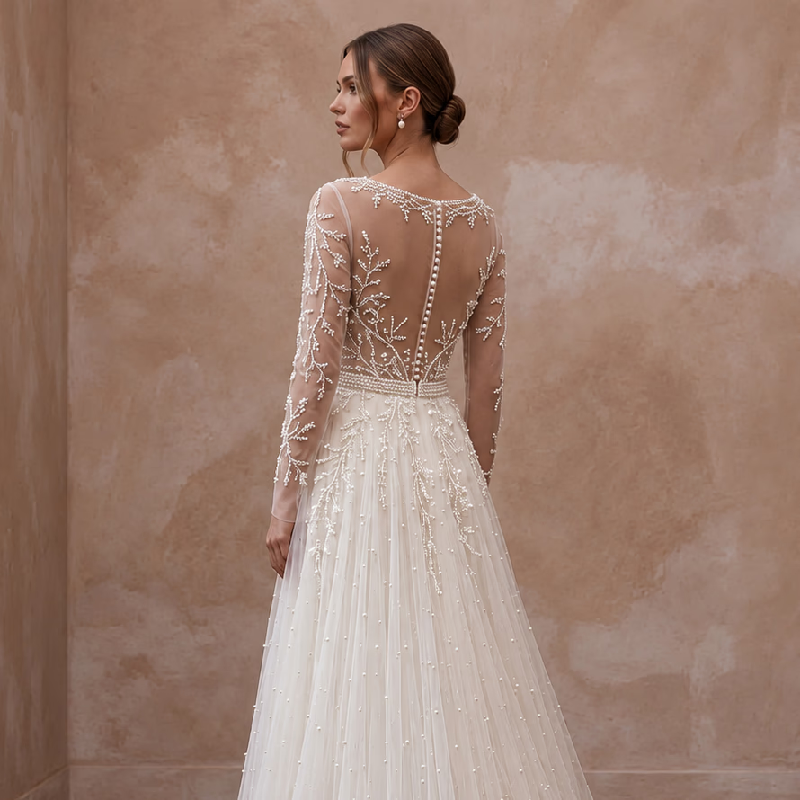 Romantic Pearl-Encrusted Tulle Long Sleeve Wedding Dress for Vow Renewal
