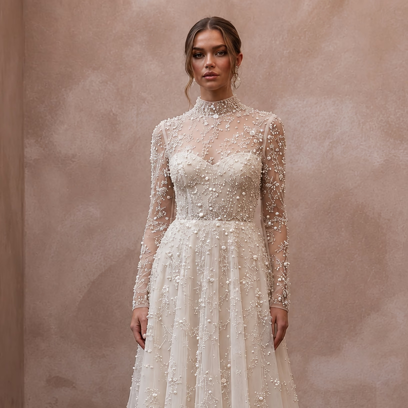 Romantic Pearl - Encrusted Tulle Long Sleeve for Vow Renewal - Apparel & Accessories > Clothing > Wedding & Bridal Party Dresses > Wedding Dresses - Mignonette Bridal
