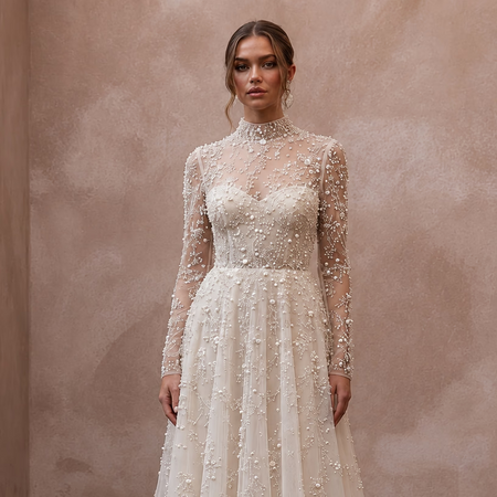Romantic Pearl - Encrusted Tulle Long Sleeve for Vow Renewal - Apparel & Accessories > Clothing > Wedding & Bridal Party Dresses > Wedding Dresses - Mignonette Bridal