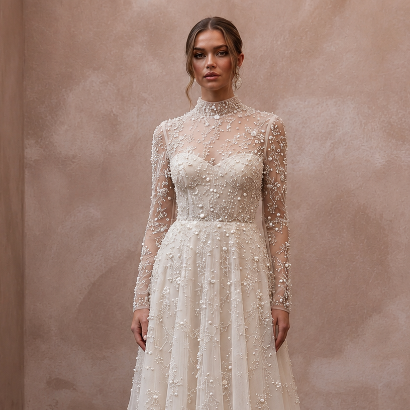 Romantic Pearl-Encrusted Tulle Long Sleeve for Vow Renewal