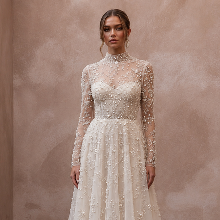 Romantic Pearl-Encrusted Tulle Long Sleeve for Vow Renewal