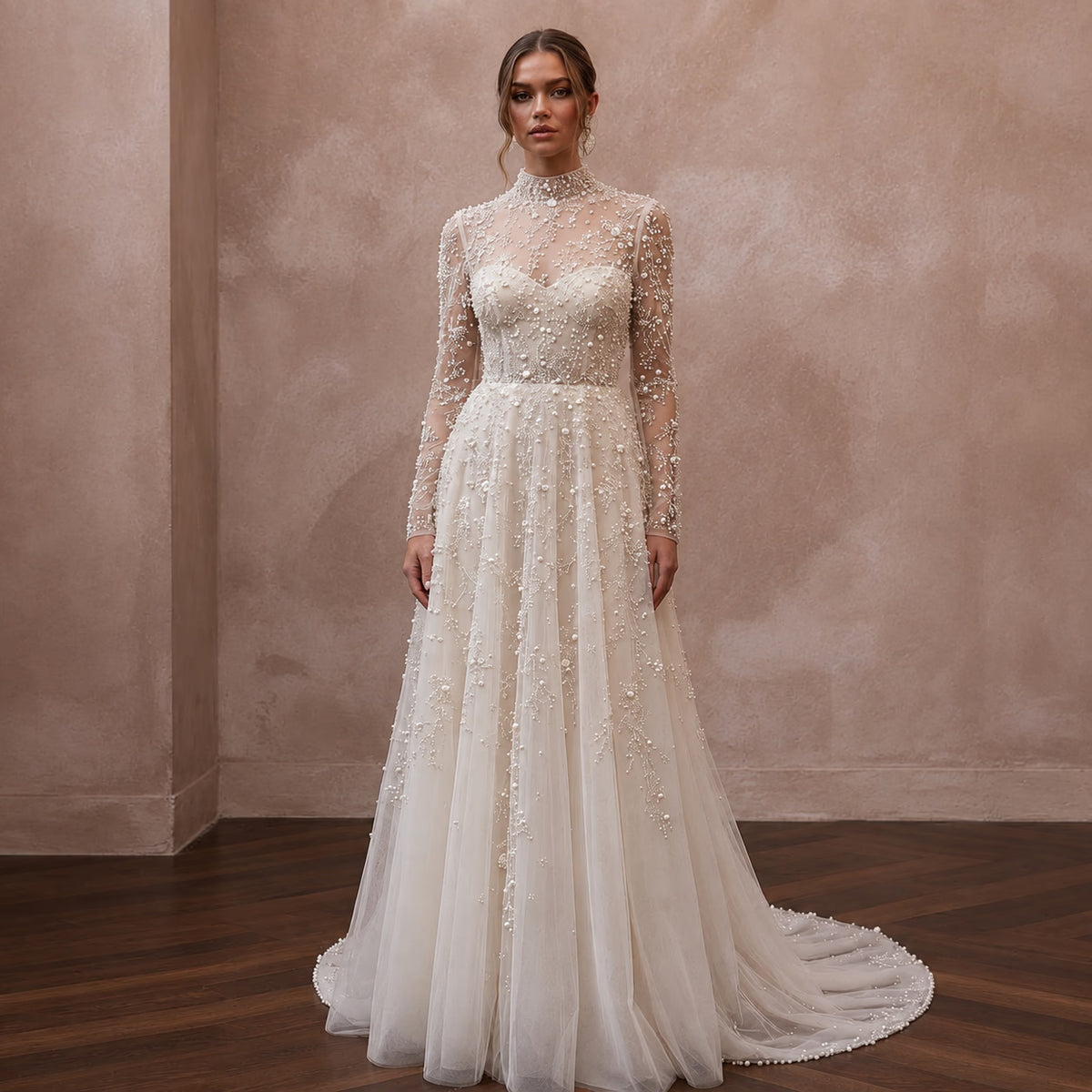 Romantic Pearl - Encrusted Tulle Long Sleeve for Vow Renewal - Apparel & Accessories > Clothing > Wedding & Bridal Party Dresses > Wedding Dresses - Mignonette Bridal Main image